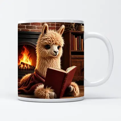 Alpaca Reading Book By Cozy Fireplace