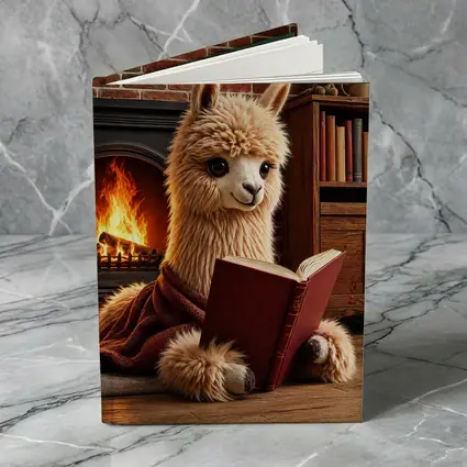 Alpaca Reading Book By Cozy Fireplace