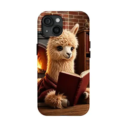 Alpaca Reading Book By Cozy Fireplace