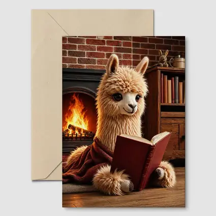 Alpaca Reading Book By Cozy Fireplace