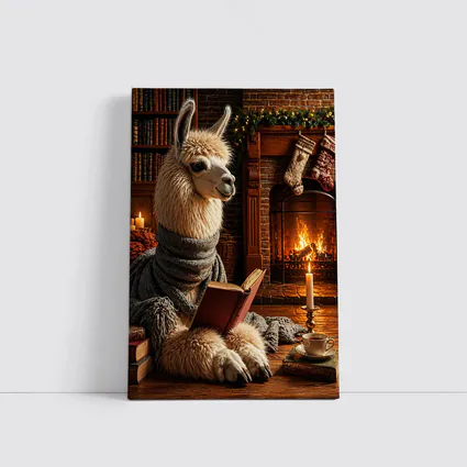Llama Reading Book by Cozy Fireplace