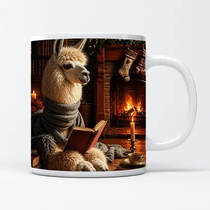 Llama Reading Book by Cozy Fireplace