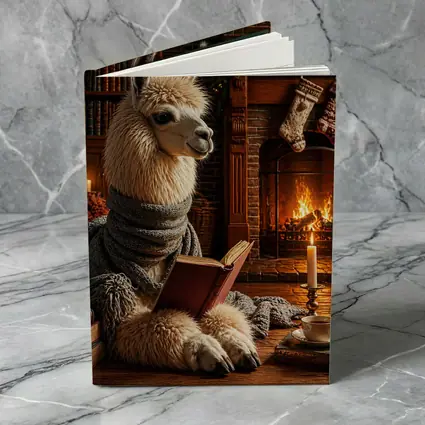 Llama Reading Book by Cozy Fireplace