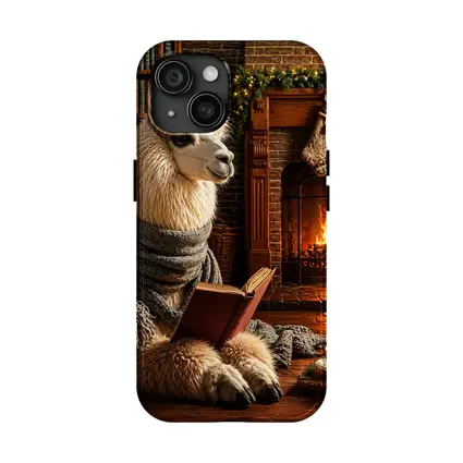 Llama Reading Book by Cozy Fireplace