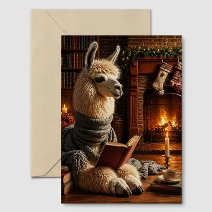 Llama Reading Book by Cozy Fireplace