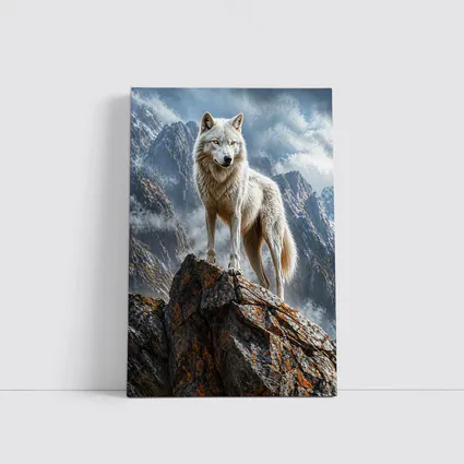White Wolf Standing On Rocky Mountain Peak