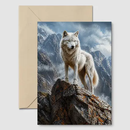 White Wolf Standing On Rocky Mountain Peak