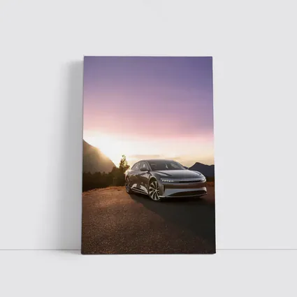 Lucid Air Parked Before Mountain Sunset