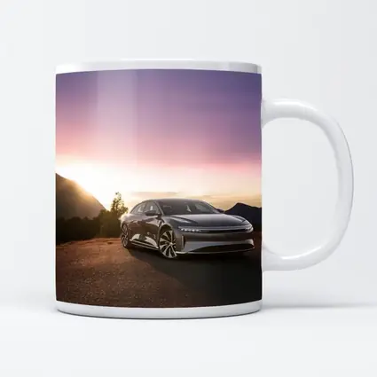 Lucid Air Parked Before Mountain Sunset