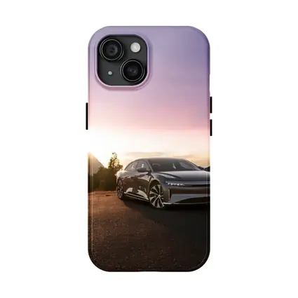 Lucid Air Parked Before Mountain Sunset
