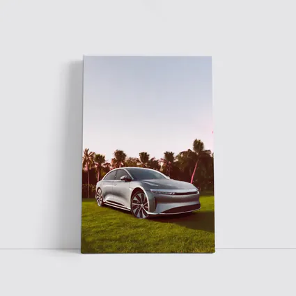 Lucid Air Silver Sedan Palm Trees Background