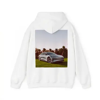 Lucid Air Silver Sedan Palm Trees Background