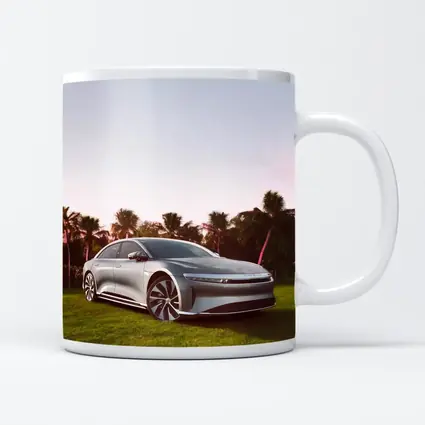 Lucid Air Silver Sedan Palm Trees Background