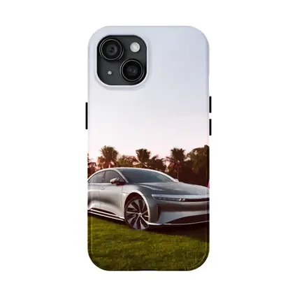 Lucid Air Silver Sedan Palm Trees Background
