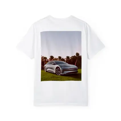 Lucid Air Silver Sedan Palm Trees Background