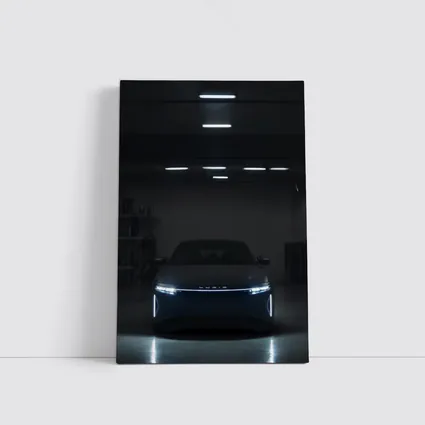 Lucid Air Glowing Headlights Dark Garage