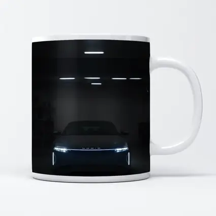 Lucid Air Glowing Headlights Dark Garage