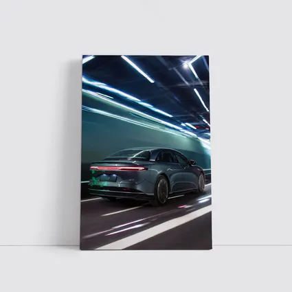 Lucid Air Speeding Through Neon Tunnel Night