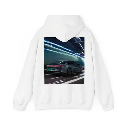 Lucid Air Speeding Through Neon Tunnel Night