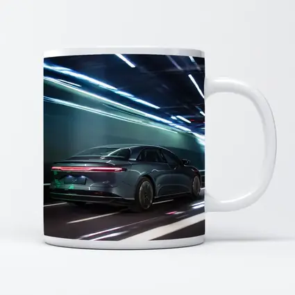 Lucid Air Speeding Through Neon Tunnel Night