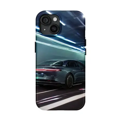 Lucid Air Speeding Through Neon Tunnel Night