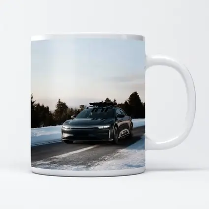 Lucid Air Driving Snowy Winter Road