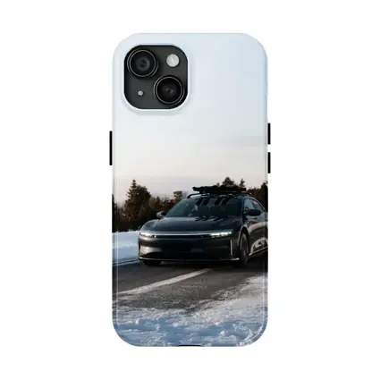 Lucid Air Driving Snowy Winter Road