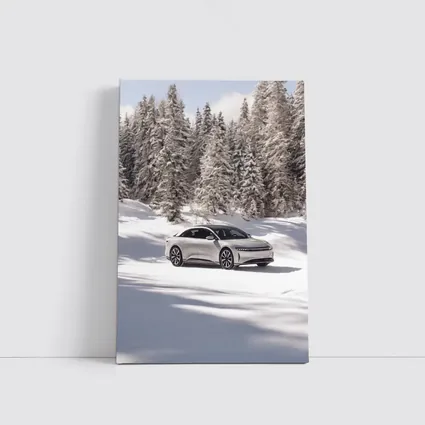 Lucid Air Sedan Snowy Winter Forest
