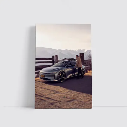 Lucid Air Car Snow Capped Mountain Winter