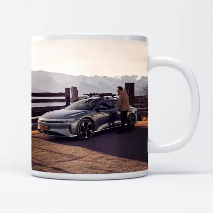 Lucid Air Car Snow Capped Mountain Winter