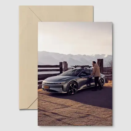 Lucid Air Car Snow Capped Mountain Winter