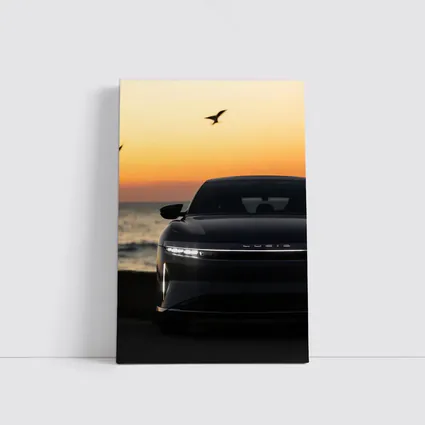 Lucid Air at Golden Sunset Ocean Shore