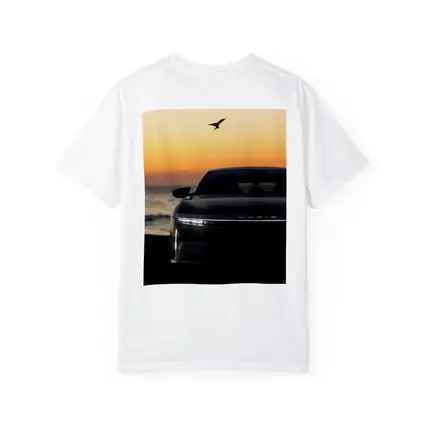 Lucid Air at Golden Sunset Ocean Shore
