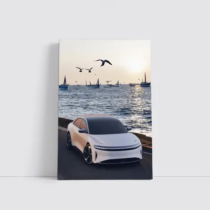 Lucid Air Grand Touring White Coastal Sunset
