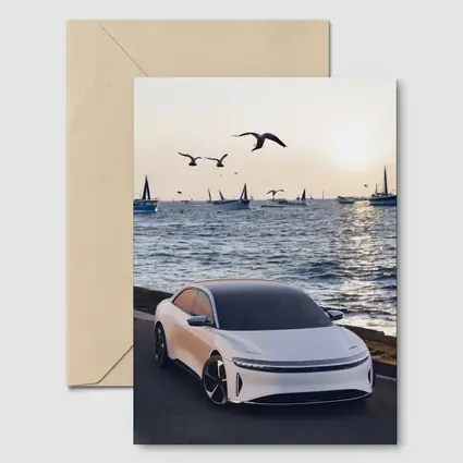 Lucid Air Grand Touring White Coastal Sunset