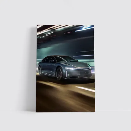 Lucid Air Speeding Through Neon Tunnel Night