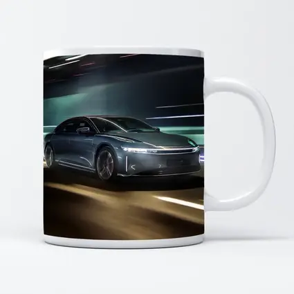 Lucid Air Speeding Through Neon Tunnel Night