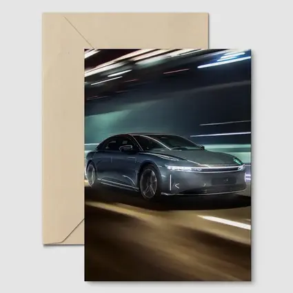 Lucid Air Speeding Through Neon Tunnel Night