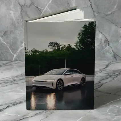 Lucid Air White Sedan Rainy City Street
