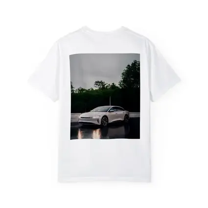 Lucid Air White Sedan Rainy City Street