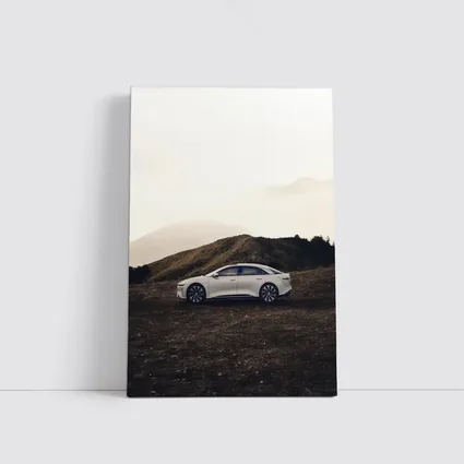Lucid Air White Sedan Misty Mountain Landscape