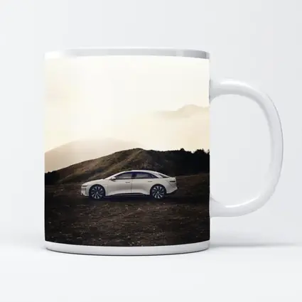 Lucid Air White Sedan Misty Mountain Landscape