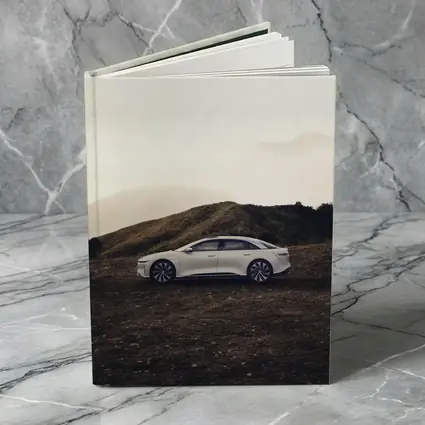 Lucid Air White Sedan Misty Mountain Landscape