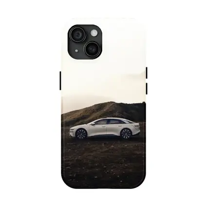Lucid Air White Sedan Misty Mountain Landscape