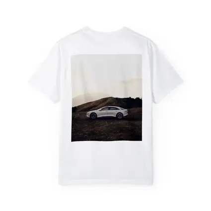 Lucid Air White Sedan Misty Mountain Landscape
