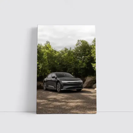 Lucid Air Dark Sedan Parked Among Trees