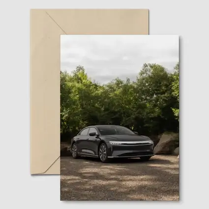 Lucid Air Dark Sedan Parked Among Trees
