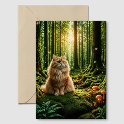 Fluffy Orange Cat Enchanted Forest Mushrooms