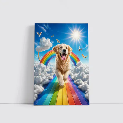 Golden Retriever Running on Rainbow Sky