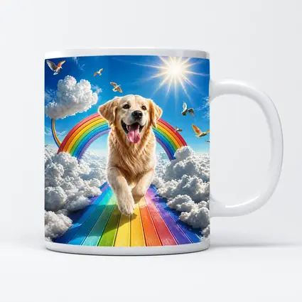 Golden Retriever Running on Rainbow Sky